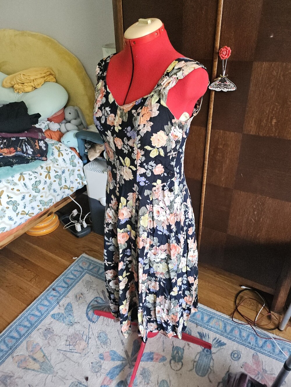 90s Black Floral Sleeveless Midi Dress